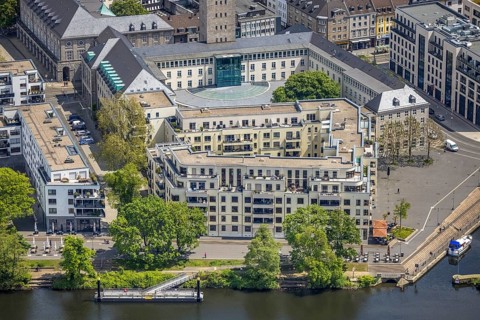 Aerial view, Ruhrpromenade Mülheim, outdoor catering, town hall, Altstadt I, Mülheim an der Ruhr,