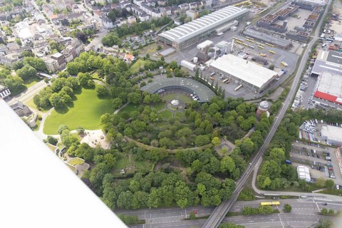 Aerial view, roundhouse in the park at Broich Castle, Camera Obscura, Broich - Ost, Mülheim an der