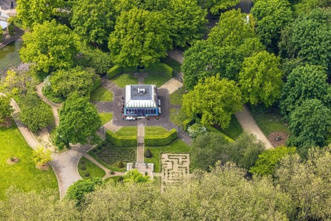 Aerial view, Tourainer Pavilion in Tourainer Garden, Broich - East, Mülheim an der Ruhr, Ruhr area,