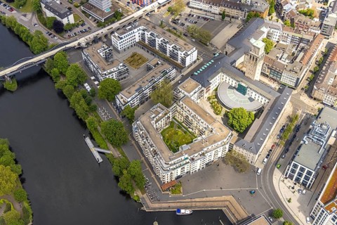 Aerial view, town hall and Ruhr promenade Mülheim, outdoor catering, Altstadt I, Mülheim an der