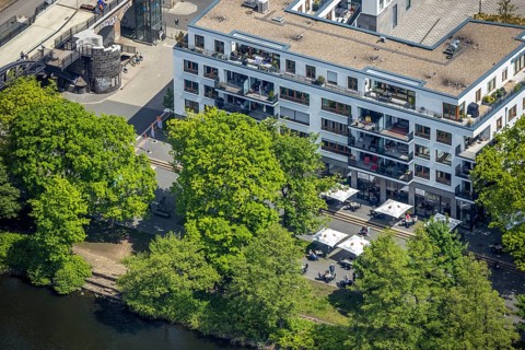 Aerial view, Ruhrpromenade Mülheim, outdoor catering, Altstadt I, Mülheim an der Ruhr, Ruhr area,