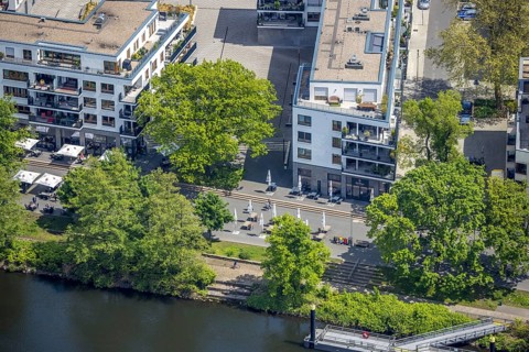 Aerial view, Ruhrpromenade Mülheim, outdoor catering, Altstadt I, Mülheim an der Ruhr, Ruhr area,