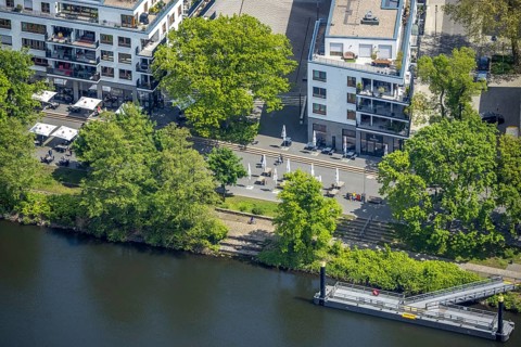 Aerial view, Ruhrpromenade Mülheim, outdoor catering, Altstadt I, Mülheim an der Ruhr, Ruhr area,
