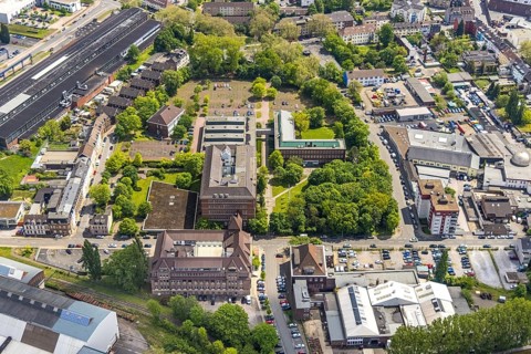 Aerial view, Haus der Wirtschaft, Mannesmann Röhrenwerke, Mannesmann Precision Tubes GmbH, Altstadt