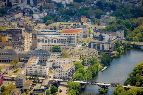Aerial view, city hall, Ruhr promenade, city viaduct and Ruhr bridge on the river Ruhr, Altstadt I,