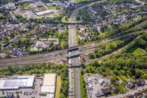 Aerial view, construction site after bridge fire motorway 40, renovation of railway bridges,
