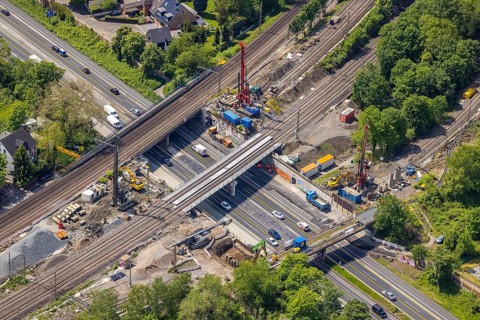 Aerial view, construction site after bridge fire motorway 40, renovation of railway bridges,