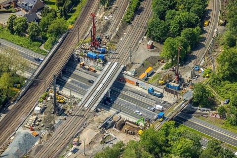 Aerial view, construction site after bridge fire motorway 40, renovation of railway bridges,