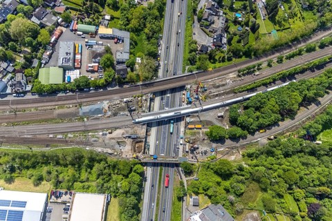 Aerial view, construction site after bridge fire motorway 40, renovation of railway bridges,