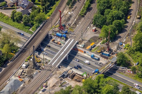 Aerial view, construction site after bridge fire motorway 40, renovation of railway bridges,