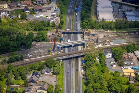 Aerial view, construction site after bridge fire motorway 40, renovation of railway bridges,