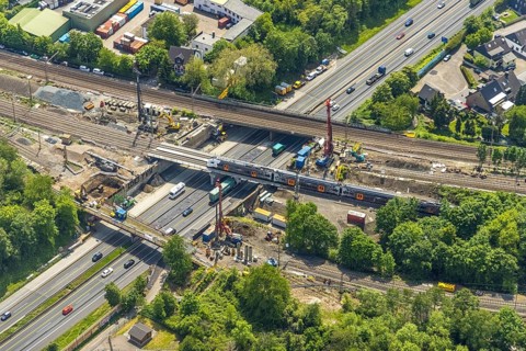 Aerial view, construction site after bridge fire motorway 40, renovation of railway bridges,