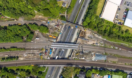 Aerial view, construction site after bridge fire motorway 40, renovation of railway bridges,