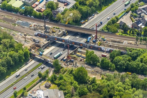 Aerial view, construction site after bridge fire motorway 40, renovation of railway bridges,