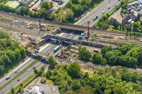Aerial view, construction site after bridge fire motorway 40, renovation of railway bridges,