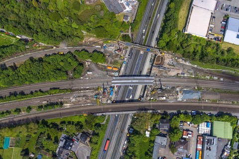 Aerial view, construction site after bridge fire motorway 40, renovation of railway bridges,