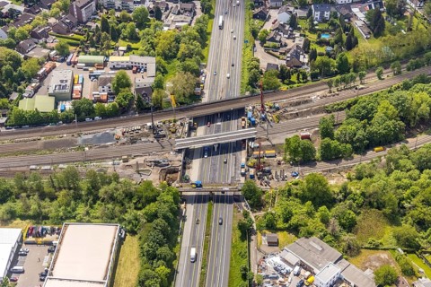 Aerial view, construction site after bridge fire motorway 40, renovation of railway bridges,