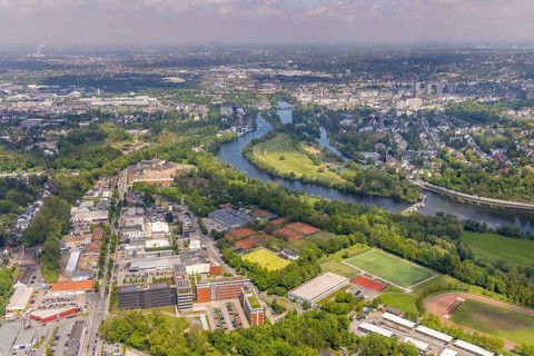 Aerial view, ALDI International Services GmbH company campus, RWW Kahlenberg hydroelectric power