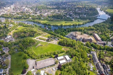 Aerial view, leather and tanning museum on the Ruhr river, Rauen quarry, De Wet indoor tennis