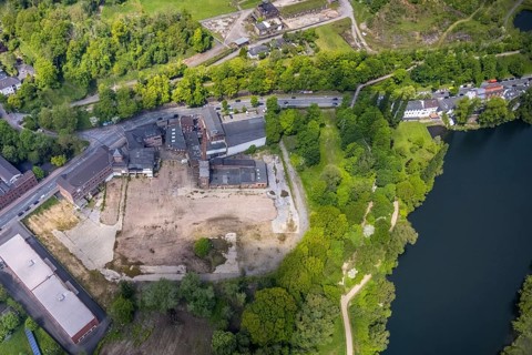Aerial view, Leather and Tanner Museum on the Ruhr River, Saarn, Mülheim an der Ruhr, Ruhr area,