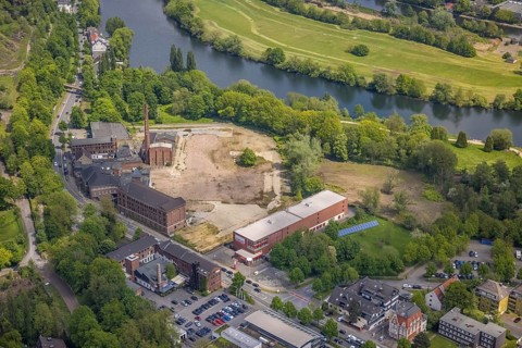 Aerial view, Leather and Tanner Museum on the Ruhr River, Saarn, Mülheim an der Ruhr, Ruhr area,