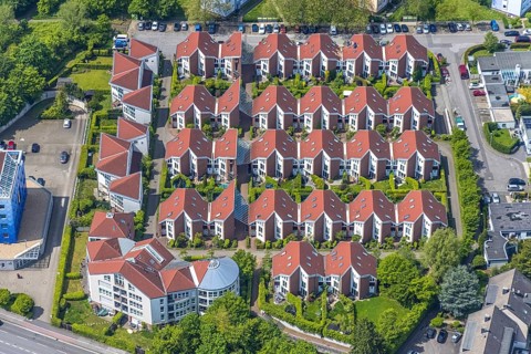 Aerial view, housing estate Westkapeller Ring, Mats Kamp, Saarn, Mülheim an der Ruhr, Ruhr area,
