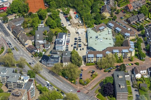 Aerial view, Saarn-Center construction site and new building Edeka supermarket, Düsseldorfer