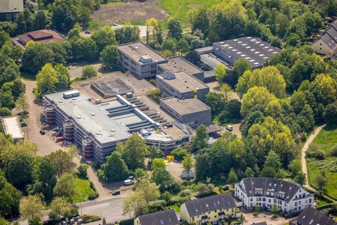 Aerial view, construction site and renovation of Berufskolleg Lehnerstraße, sports hall,