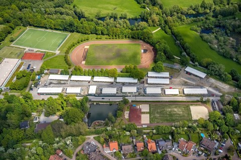 Aerial photo, refugee village Saarn Mintarder Straße and sports field, Saarn, Mülheim an der Ruhr,