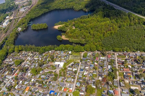 Aerial photo, leisure domicile Entenfangsee, permanent campers, Am Entenfang, Saarn - Süd, Mülheim
