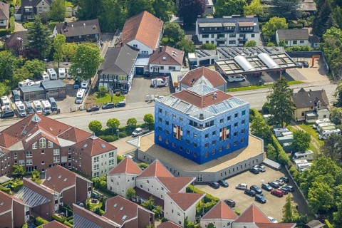 Aerial view, blue building dental clinic, Kölner Straße 80, Saarn, Mülheim an der Ruhr, Ruhr area,