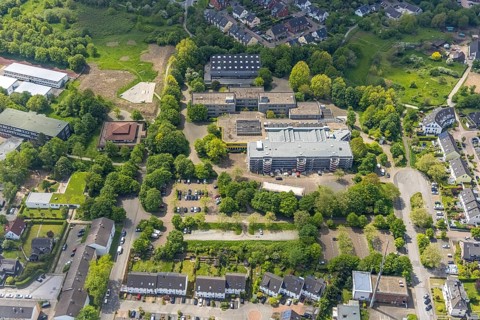 Aerial view, construction site and renovation of Berufskolleg Lehnerstraße, sports hall,