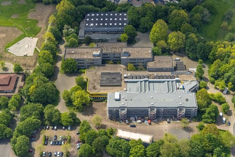 Aerial view, construction site and renovation of Berufskolleg Lehnerstraße, sports hall,