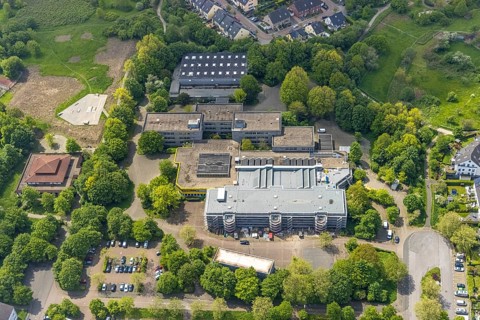 Aerial view, construction site and renovation of Berufskolleg Lehnerstraße, sports hall,