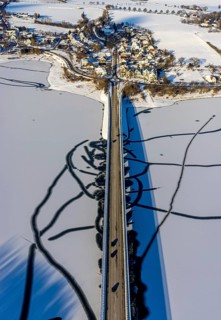 Aerial view, Delecker Brücke, shapes and colours, Delecke, Möhnesee, Sauerland, North