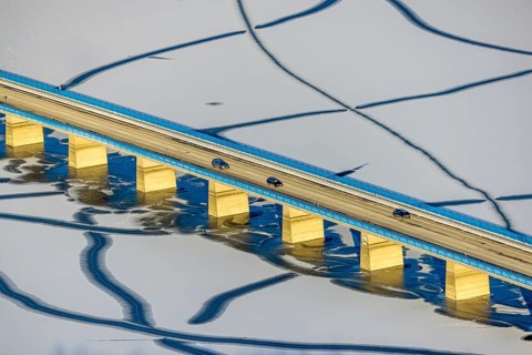 Aerial view, Delecker Brücke, shapes and colours, Delecke, Möhnesee, Sauerland, North