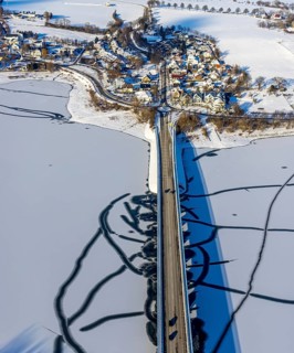 Aerial view, Delecker Brücke, shapes and colours, Delecke, Möhnesee, Sauerland, North