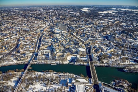 Aerial view, town hall market, town hall, fast cycle path, Dickswall high-rise buildings, Broich -