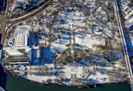 Aerial view, garden in the snow, MüGa - Mülheims Garten an der Ruhr, civic hall Mülheim, Broich -