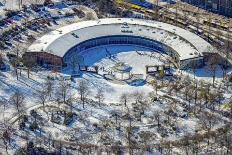 Aerial view, Ringlokschuppen, Park am Schloss Broich, Broich - Ost, Mülheim an der Ruhr, Ruhr area,
