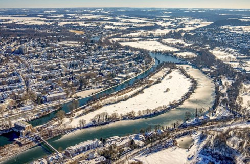 Aerial view, Ruhr river and Ruhr island with lock canal, Kahlenberg hydroelectric power station,