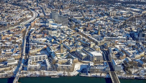 Aerial view, town hall market, town hall, fast cycle path, Dickswall high-rise buildings, Broich -