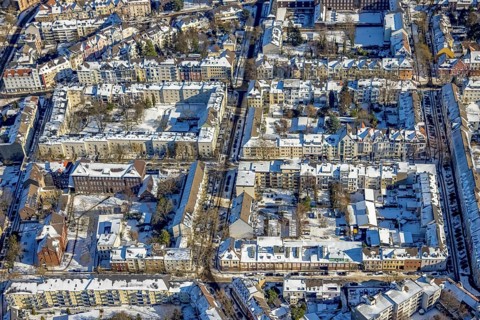 Aerial view, housing estate and monuments, Adolfstraße, Eduardstraße, Martin-von-Tours-Schule,