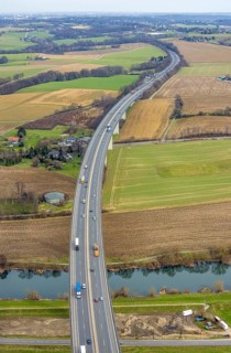 Aerial view, Mintarder Ruhrtalbrücke, motorway A52, river Ruhr, construction site under the bridge,