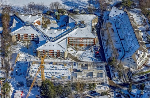 Aerial view, construction site and new building at Evang. Wohnstift Raadt, Holthausen - Südost,