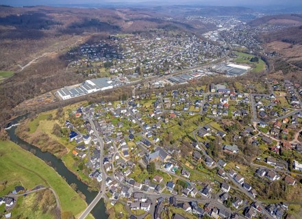 View of Brachbach with railway station, River Sieg, Mudersbach, Siegerland, Rhineland-Palatinate,