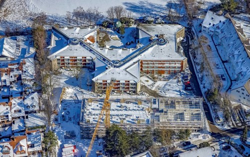 Aerial view, construction site and new building at Evang. Wohnstift Raadt, Holthausen - Südost,