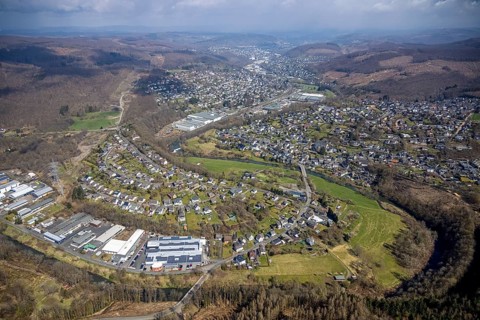 View of Brachbach with railway station, River Sieg, Mudersbach, Siegerland, Rhineland-Palatinate,