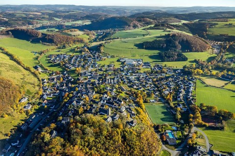 Aerial view, local view with church St. Antonius Einsiedler in the district Grevenstein in