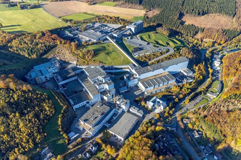 Aerial photo, C.& A. VELTINS brewery in the Grevenstein district of Meschede, Sauerland, North